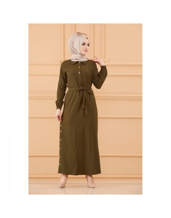 Robe longue boutonnée avec ceinture pour femme (Vêtement style habillé pour hijab) - Couleur kaki 