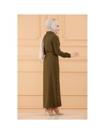 Robe longue boutonnée avec ceinture pour femme (Vêtement style habillé pour hijab) - Couleur kaki 