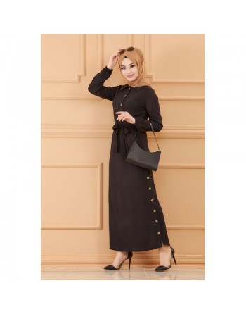 Robe longue chic avec ceinture (Vêtement style habillé pour femme voilée) - Couleur noir 