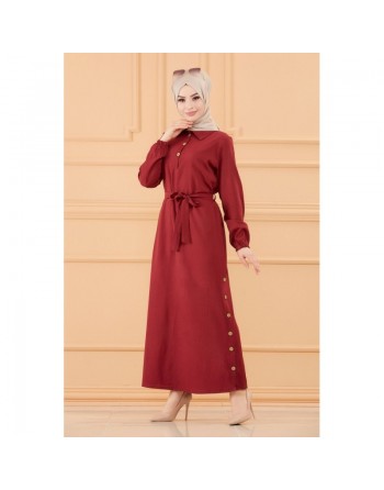 Robe longue boutonnée avec ceinture pour femme (Vêtement style habillé pour hijab) - Couleur bordeaux 