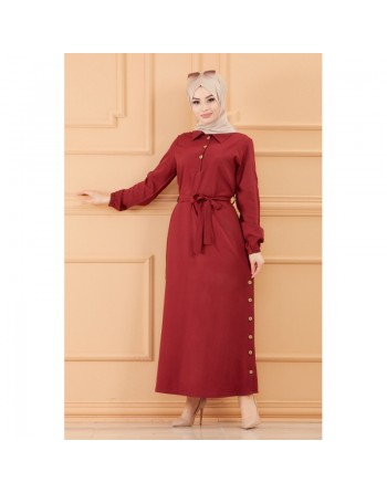 Robe longue boutonnée avec ceinture pour femme (Vêtement style habillé pour hijab) - Couleur bordeaux 