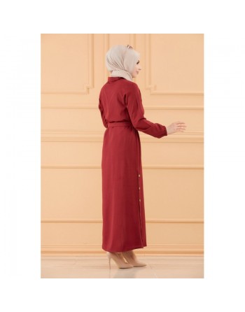 Robe longue boutonnée avec ceinture pour femme (Vêtement style habillé pour hijab) - Couleur bordeaux 