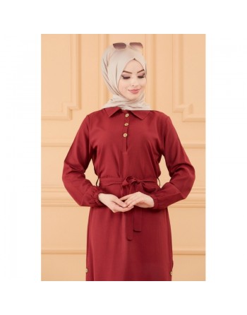 Robe longue boutonnée avec ceinture pour femme (Vêtement style habillé pour hijab) - Couleur bordeaux 