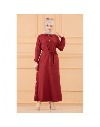 Robe longue boutonnée avec ceinture pour femme (Vêtement style habillé pour hijab) - Couleur bordeaux 