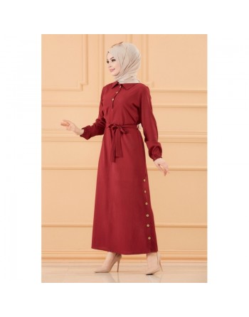 Robe longue boutonnée avec ceinture pour femme (Vêtement style habillé pour hijab) - Couleur bordeaux 