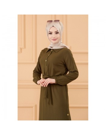 Robe longue boutonnée avec ceinture pour femme (Vêtement style habillé pour hijab) - Couleur kaki 