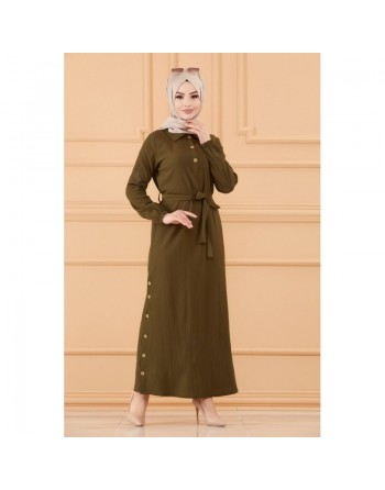 Robe longue boutonnée avec ceinture pour femme (Vêtement style habillé pour hijab) - Couleur kaki 