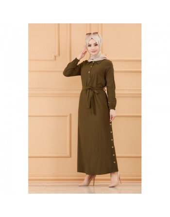 Robe longue boutonnée avec ceinture pour femme (Vêtement style habillé pour hijab) - Couleur kaki 