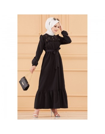 Robe brodée avec motifs fleurs (Vetement classique femme voilée) - Couleur noir 