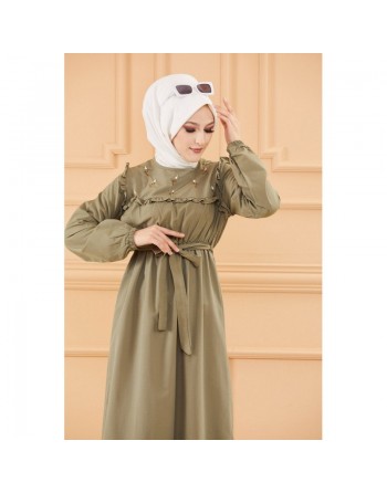 Robe brodée avec ceinture (Vêtement Hijab élégant pour femme voilée) - Couleur kaki 