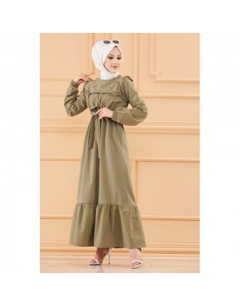 Robe brodée avec ceinture (Vêtement Hijab élégant pour femme voilée) - Couleur kaki 