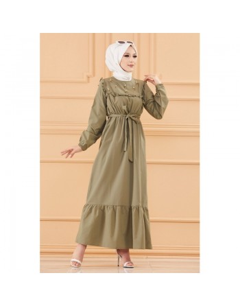 Robe brodée avec ceinture (Vêtement Hijab élégant pour femme voilée) - Couleur kaki 