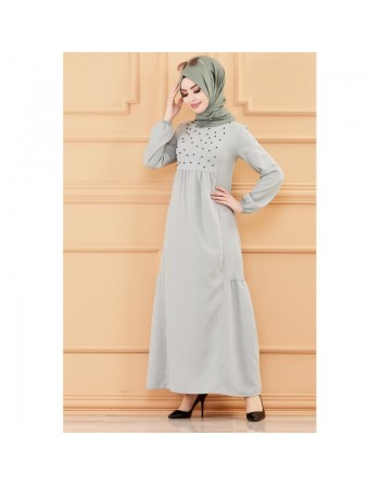 Robe de soirée longue perlée chic et classe (Vêtement hijab habillé pour femme) - Couleur menthe 