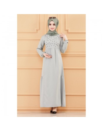 Robe de soirée longue perlée chic et classe (Vêtement hijab habillé pour femme) - Couleur menthe 