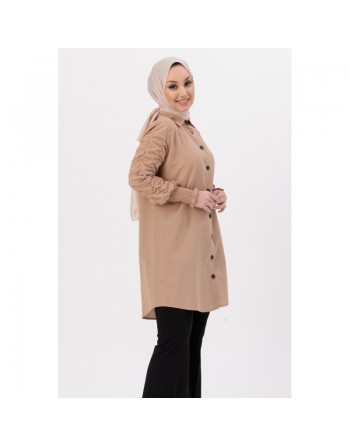 Chemise manches plissées à l'élastique (Vêtement Hijab pour toute l'année) - Couleur beige 