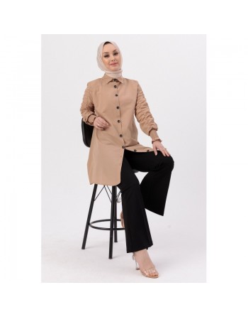 Chemise manches plissées à l'élastique (Vêtement Hijab pour toute l'année) - Couleur beige 