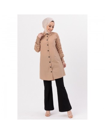 Chemise manches plissées à l'élastique (Vêtement Hijab pour toute l'année) - Couleur beige 