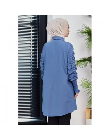 Chemise manches plissées (Vêtement Hijab turque en ligne) - Couleur bleu indigo 