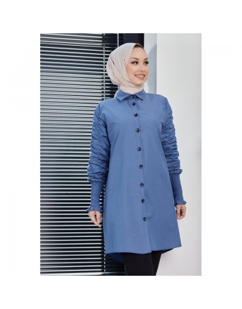 Chemise manches plissées (Vêtement Hijab turque en ligne) - Couleur bleu indigo 