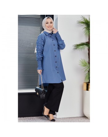 Chemise manches plissées (Vêtement Hijab turque en ligne) - Couleur bleu indigo 