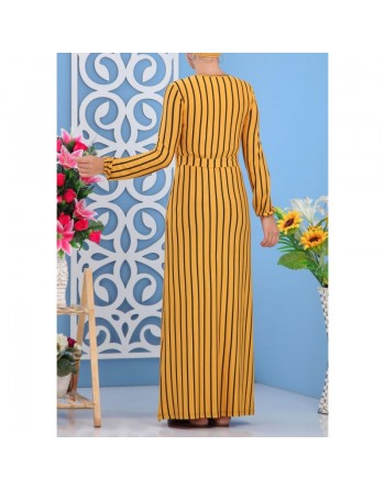 Robe à rayures noires de couleurs jaune moutarde (Vêtement femme moderne - Turquie) 