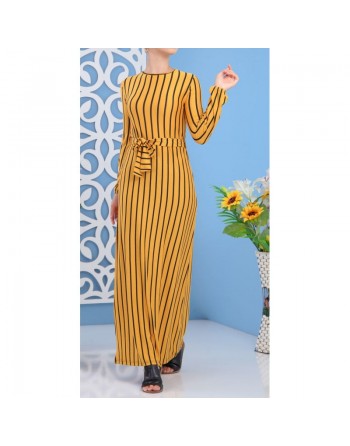 Robe à rayures noires de couleurs jaune moutarde (Vêtement femme moderne - Turquie) 