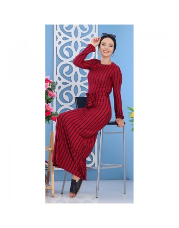 Robe à rayures noires de couleurs rouge framboise (Vêtement turque femme moderne) 