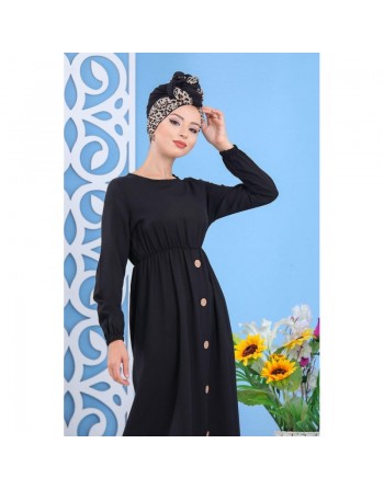 Robe longue bicouleur à boutons pour femme - Couleur noire 
