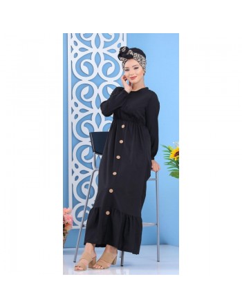Robe longue bicouleur à boutons pour femme - Couleur noire 