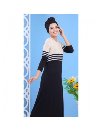 Robe bicolore à capuche - Tenue décontractée pour femme - Couleur Noire et Beige 