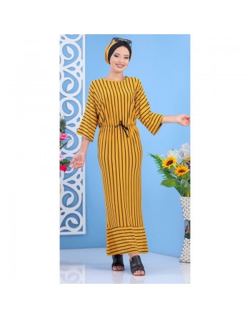 Robe longue à rayures style décontracté pour femme - Couleur jaune moutarde 