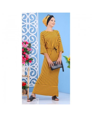 Robe longue à rayures style décontracté pour femme - Couleur jaune moutarde 