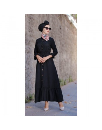 Robe longue de ville avec boutons sur l'avant et ceinture - Couleur noire (Vêtement classe pour femme chic) 