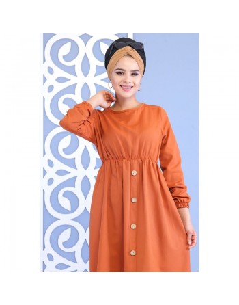 Robe longue cintrée décoration boutons pour femme - Couleur rouille (Vêtement musulman turque) 