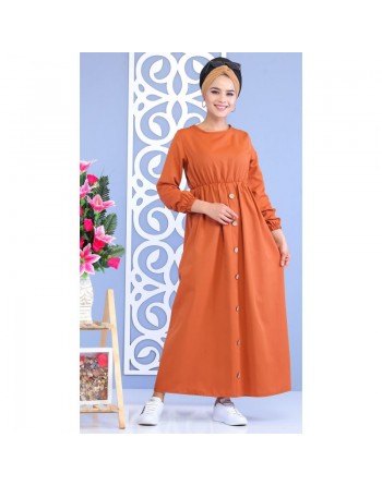 Robe longue cintrée décoration boutons pour femme - Couleur rouille (Vêtement musulman turque) 