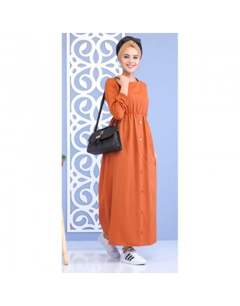 Robe longue cintrée décoration boutons pour femme - Couleur rouille (Vêtement musulman turque) 