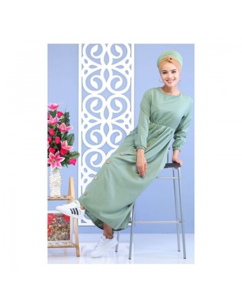 Robe longue cintrée décoration boutons pour femme - Couleur vert amande 