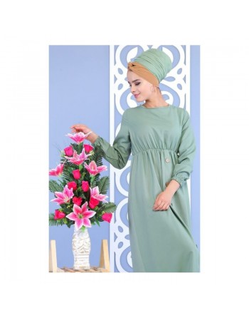 Robe longue cintrée décoration boutons pour femme - Couleur vert amande 