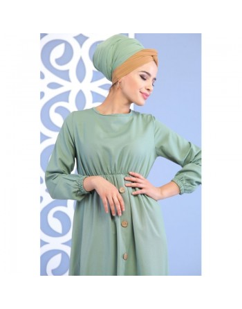 Robe longue cintrée décoration boutons pour femme - Couleur vert amande 