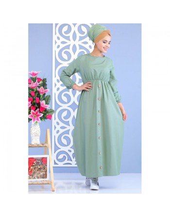 Robe longue cintrée décoration boutons pour femme - Couleur vert amande 