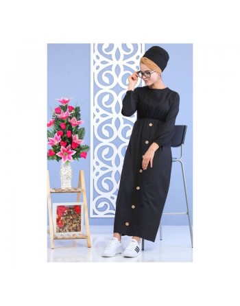 Robe longue cintrée décoration boutons pour femme - Couleur noire 