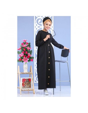 Robe longue cintrée décoration boutons pour femme - Couleur noire 