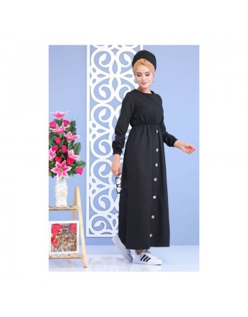 Robe longue cintrée décoration boutons pour femme - Couleur noire 
