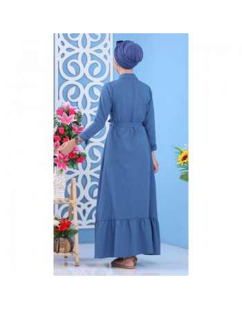 Robe longue de ville boutonnée avec ceinture pour femme - Couleur bleu (Vêtements islamiques modernes) 