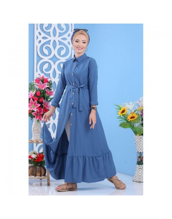 Robe longue de ville boutonnée avec ceinture pour femme - Couleur bleu (Vêtements islamiques modernes) 
