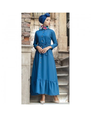 Robe longue de ville boutonnée avec ceinture pour femme - Couleur bleu (Vêtements islamiques modernes) 
