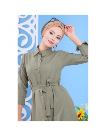 Robe longue de ville boutonnée avec ceinture pour femme - Couleur kaki (Vêtement femme fabriqué en Turquie) 