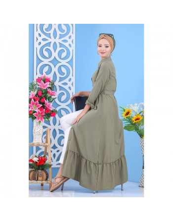 Robe longue de ville boutonnée avec ceinture pour femme - Couleur kaki (Vêtement femme fabriqué en Turquie) 