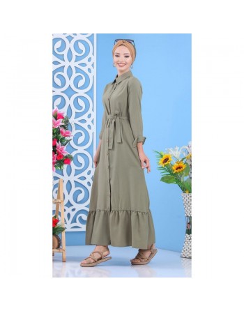 Robe longue de ville boutonnée avec ceinture pour femme - Couleur kaki (Vêtement femme fabriqué en Turquie) 