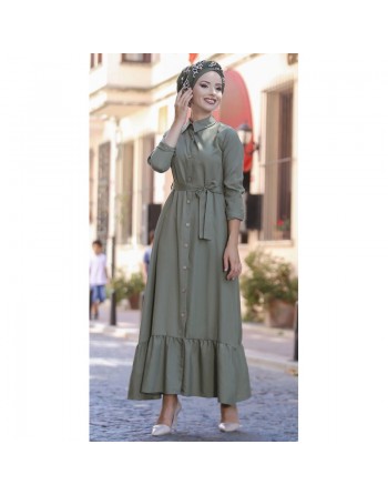 Robe longue de ville boutonnée avec ceinture pour femme - Couleur kaki (Vêtement femme fabriqué en Turquie) 